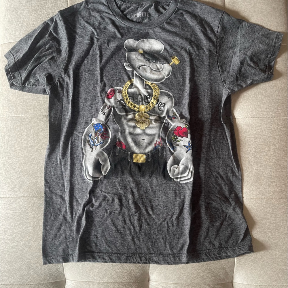 Grey Popeye the Sailor tee with bold graphics